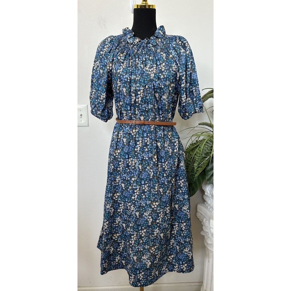 J.Crew Liberty Smocked Puff-Sleeve Midi Dress Floral Sea Blossoms Blue Cottage M